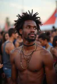 a stunning man surrounded by  a crowd of fellow festival-goers, capturing the sense of community and celebration at the festival