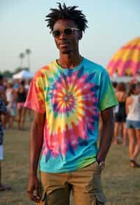 a man in  a tie-dye t-shirt and cargo shorts, embodying the DIY and personalization culture of music festivals