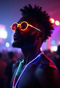 a man with  glowing LED accessories, standing out in the crowd and embracing the festival's vibrant atmosphere