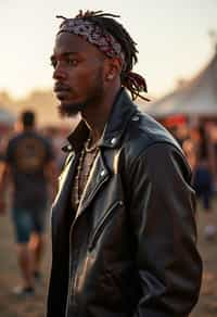 a stunning man in  a leather jacket and bandana, embodying the fusion of bohemian and rock n roll styles at the festival