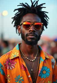 a stunning man in  a vibrant button-up shirt and funky sunglasses, capturing their eclectic and fashionable festival look