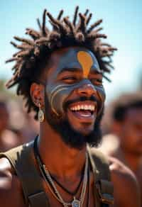 a man enjoying a live performance on a sunny day, with  a bold face paint design, radiating the joy and excitement of the festival