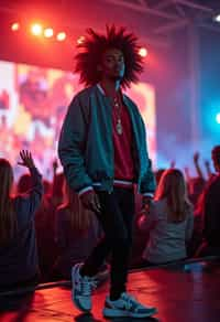 a man in  a cool bomber jacket and sneakers, striking a pose in front of a stage backdrop, capturing the excitement of a music festival