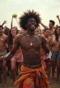 a man in a festival-inspired outfit, dancing with  a crowd of fellow festival-goers, capturing the energetic and lively atmosphere