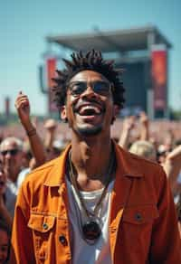 a man enjoying the live music on a sunny day, surrounded by  energetic fans and raising their hands in excitement