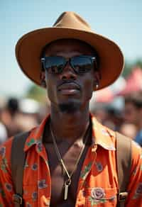 a stunning man with  a stylish hat and sunglasses, capturing the essence of festival fashion and individuality