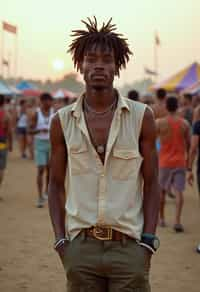 a man in  a sleeveless shirt and cargo pants, embodying the free-spirited and carefree nature of a music festival