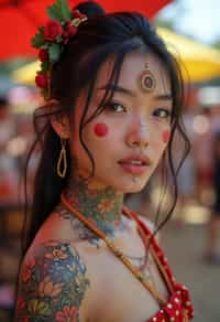 a woman with colorful temporary tattoos and henna art , adding an element of tribal and cultural inspiration to their festival look