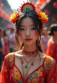 a woman with colorful festival makeup , standing out in the crowd and embracing the festival's vibrant atmosphere