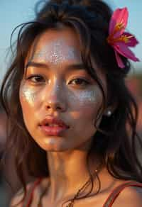 a woman with glittery makeup and body paint , capturing the artistic and expressive side of the music festival experience