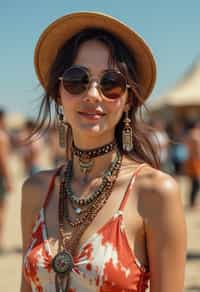 a stunning woman in a tie-dye jumpsuit and statement accessories , capturing their eclectic and fashionable festival look