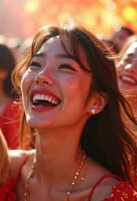 a woman enjoying a live performance on a sunny day, with glitter on their face , radiating the joy and excitement of the festival