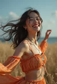 a woman in a flowy bohemian skirt and crop top , capturing their infectious energy and enthusiasm for the music