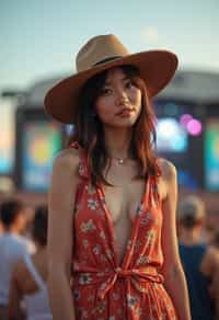 a woman in a bohemian jumpsuit and a wide-brimmed hat , striking a pose in front of a stage backdrop, capturing the excitement of a music festival