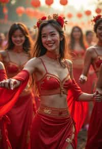 a woman in a festival-inspired outfit, dancing with a group of friends , capturing the energetic and lively atmosphere