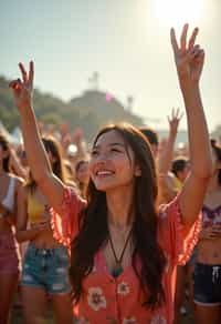 a woman enjoying the live music on a sunny day, surrounded by colorful festival-goers  and raising their hands in excitement