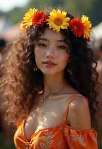 a stunning woman with flowing curly hair and flower accessories , capturing the essence of festival fashion and individuality