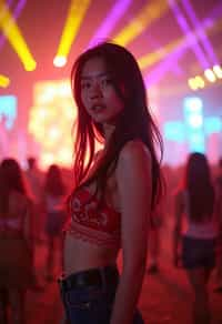 an incredibly attractive woman in a festival outfit, embracing the festival vibes and posing against a backdrop of colorful stage lights and decorations