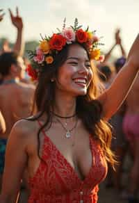 a stunning woman as a festival-goer, dancing and enjoying the music in a vibrant crowd, wearing a boho chic dress and flower crown