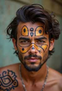 a man with  a tribal face paint design, adding an element of tribal and cultural inspiration to their festival look