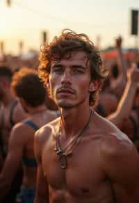 a stunning man surrounded by  a crowd of fellow festival-goers, capturing the sense of community and celebration at the festival