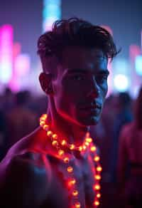 a man with  glowing LED accessories, standing out in the crowd and embracing the festival's vibrant atmosphere