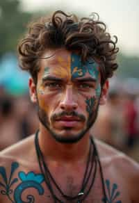 a man with  bold face and body art, capturing the artistic and expressive side of the music festival experience