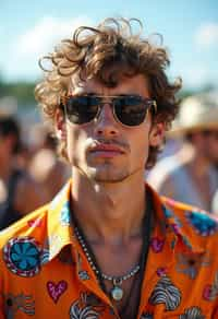 a stunning man in  a vibrant button-up shirt and funky sunglasses, capturing their eclectic and fashionable festival look