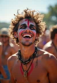 a man enjoying a live performance on a sunny day, with  a bold face paint design, radiating the joy and excitement of the festival