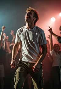 a man in  a t-shirt and cargo pants, capturing their infectious energy and enthusiasm for the music