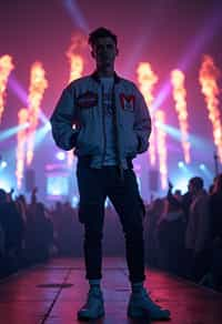 a man in  a cool bomber jacket and sneakers, striking a pose in front of a stage backdrop, capturing the excitement of a music festival