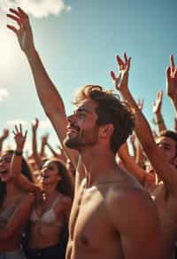 a man enjoying the live music on a sunny day, surrounded by  energetic fans and raising their hands in excitement