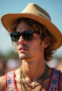 a stunning man with  a stylish hat and sunglasses, capturing the essence of festival fashion and individuality