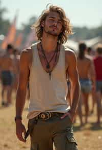 a man in  a sleeveless shirt and cargo pants, embodying the free-spirited and carefree nature of a music festival