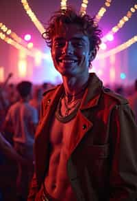 an incredibly attractive man in a festival outfit, embracing the festival vibes and posing against a backdrop of colorful stage lights and decorations