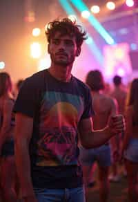 a stunning man as a festival-goer, dancing and enjoying the music in a vibrant crowd, wearing  a colorful graphic t-shirt and denim shorts