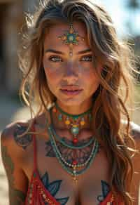 a woman with colorful temporary tattoos and henna art , adding an element of tribal and cultural inspiration to their festival look