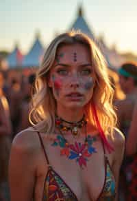 a woman with colorful festival makeup , standing out in the crowd and embracing the festival's vibrant atmosphere