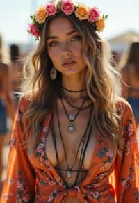 a stunning woman in a flowy kimono and flower crown , embodying the fusion of bohemian and rock n roll styles at the festival