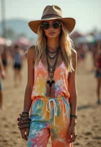 a stunning woman in a tie-dye jumpsuit and statement accessories , capturing their eclectic and fashionable festival look