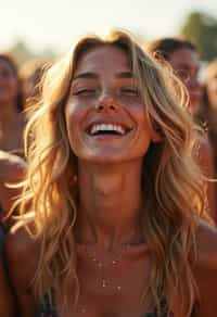 a woman enjoying a live performance on a sunny day, with glitter on their face , radiating the joy and excitement of the festival