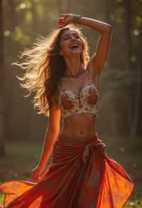 a woman in a flowy bohemian skirt and crop top , capturing their infectious energy and enthusiasm for the music