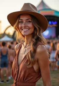 a woman in a bohemian jumpsuit and a wide-brimmed hat , striking a pose in front of a stage backdrop, capturing the excitement of a music festival