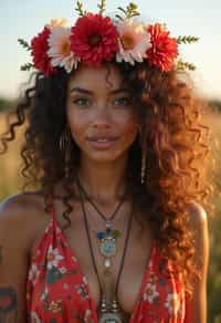 a stunning woman with flowing curly hair and flower accessories , capturing the essence of festival fashion and individuality