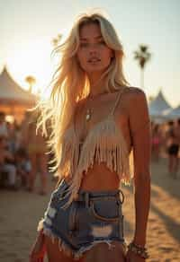 a woman in a fringed crop top and high-waisted shorts , embodying the free-spirited and carefree nature of a music festival