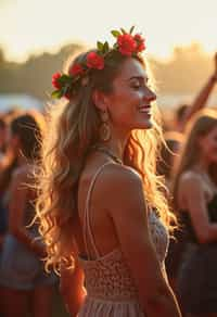 a stunning woman as a festival-goer, dancing and enjoying the music in a vibrant crowd, wearing a boho chic dress and flower crown