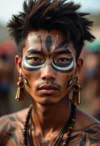 a man with  a tribal face paint design, adding an element of tribal and cultural inspiration to their festival look