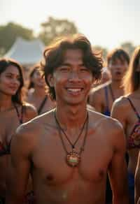 a stunning man surrounded by  a crowd of fellow festival-goers, capturing the sense of community and celebration at the festival