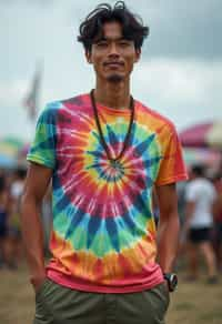 a man in  a tie-dye t-shirt and cargo shorts, embodying the DIY and personalization culture of music festivals