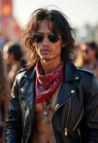 a stunning man in  a leather jacket and bandana, embodying the fusion of bohemian and rock n roll styles at the festival